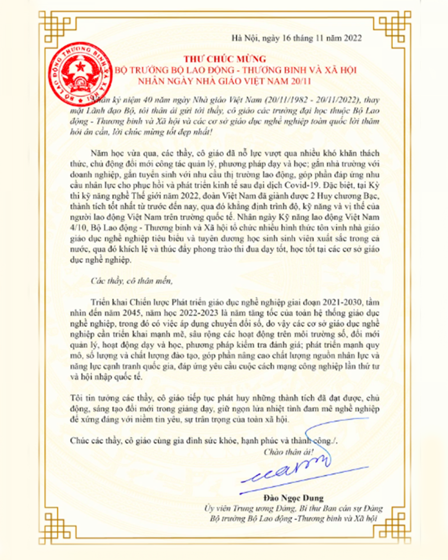 Bộ trưởng Bộ Lao động - Thương binh và Xã hội chúc mừng Ngày Nhà giáo Việt Nam